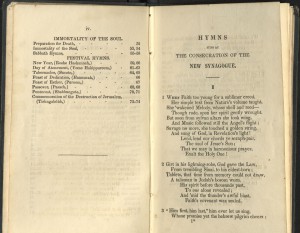 Hymn book, end of Table of Contents and first hymn
