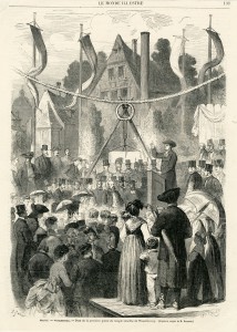 Wood engraving shows the crowd gathered for setting the foundation stone
