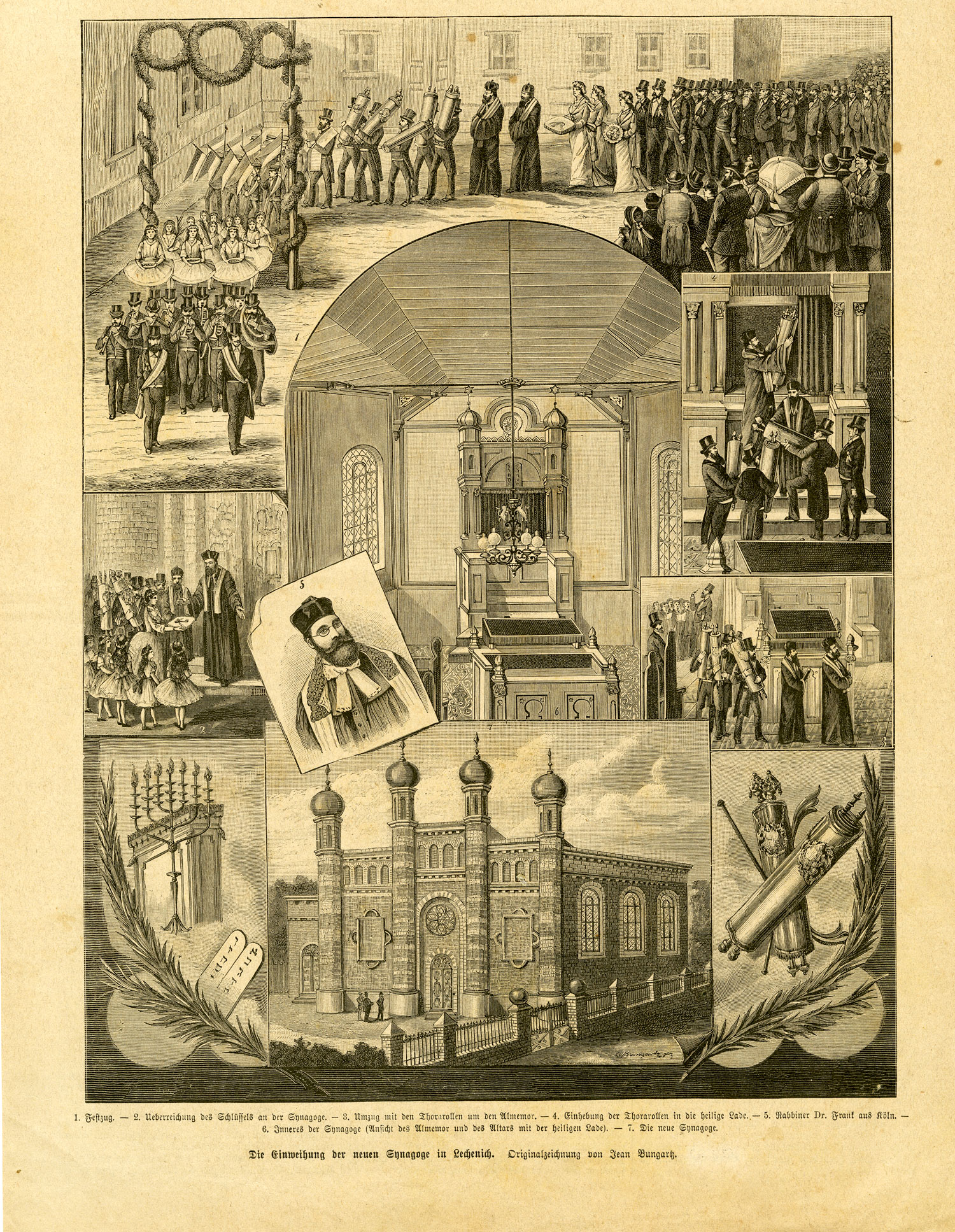 Line illustration by Bungartz showing several views of the Lechenich synagogue
