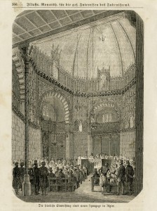 Woodcut showing crowd in interior of the Great Synagogue of Algiers