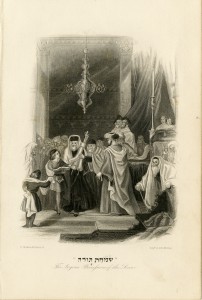 engraving depicting Simchat Torah procession