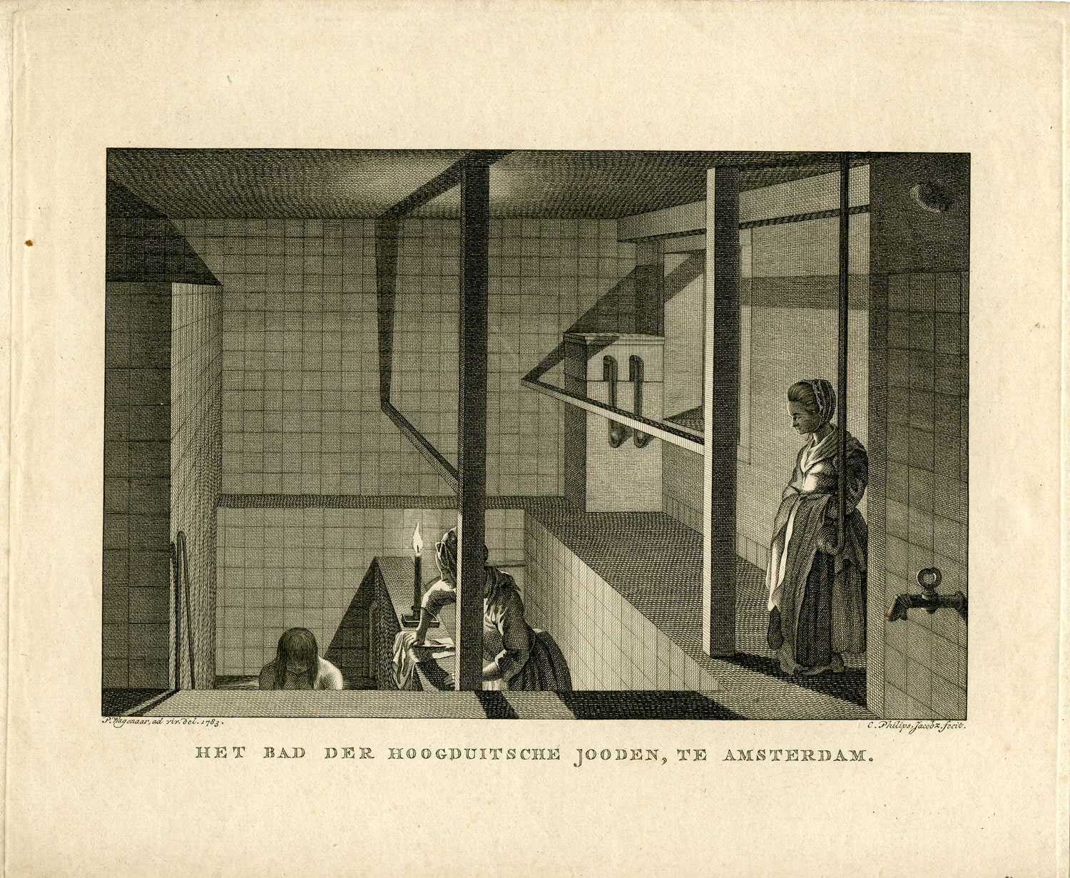 Engraving, mikveh attendant or shomeret (guardian), assisting a woman in the bath
